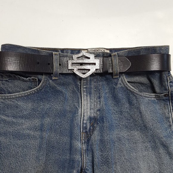 Harley Davidson Crystal Buckle in Genuine Black Leather Belt
